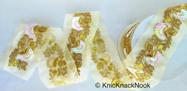 Gold Sheer Fabric Trim With Antique Gold Floral Embroidery And Pink White Two Tone Sequins Embellishments, Approx. 85mm Wide - 210119L122
